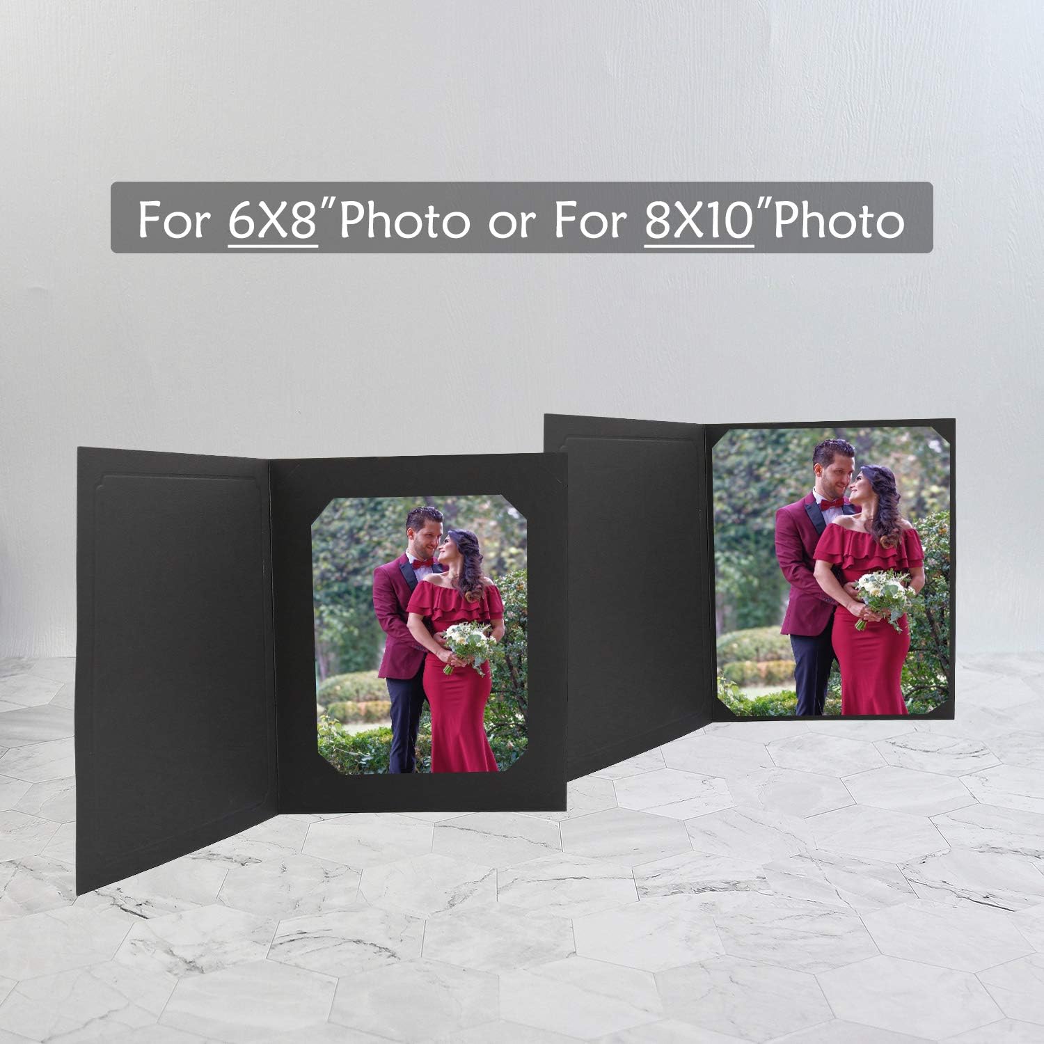 Golden State Art, Pack of 10, 6x8 or 8x10 Photo Folders, Cardboard Picture Frame, Paper Frame Cards, Greetings/Invitation Special Events: Graduation, Christmas, Wedding(Black)