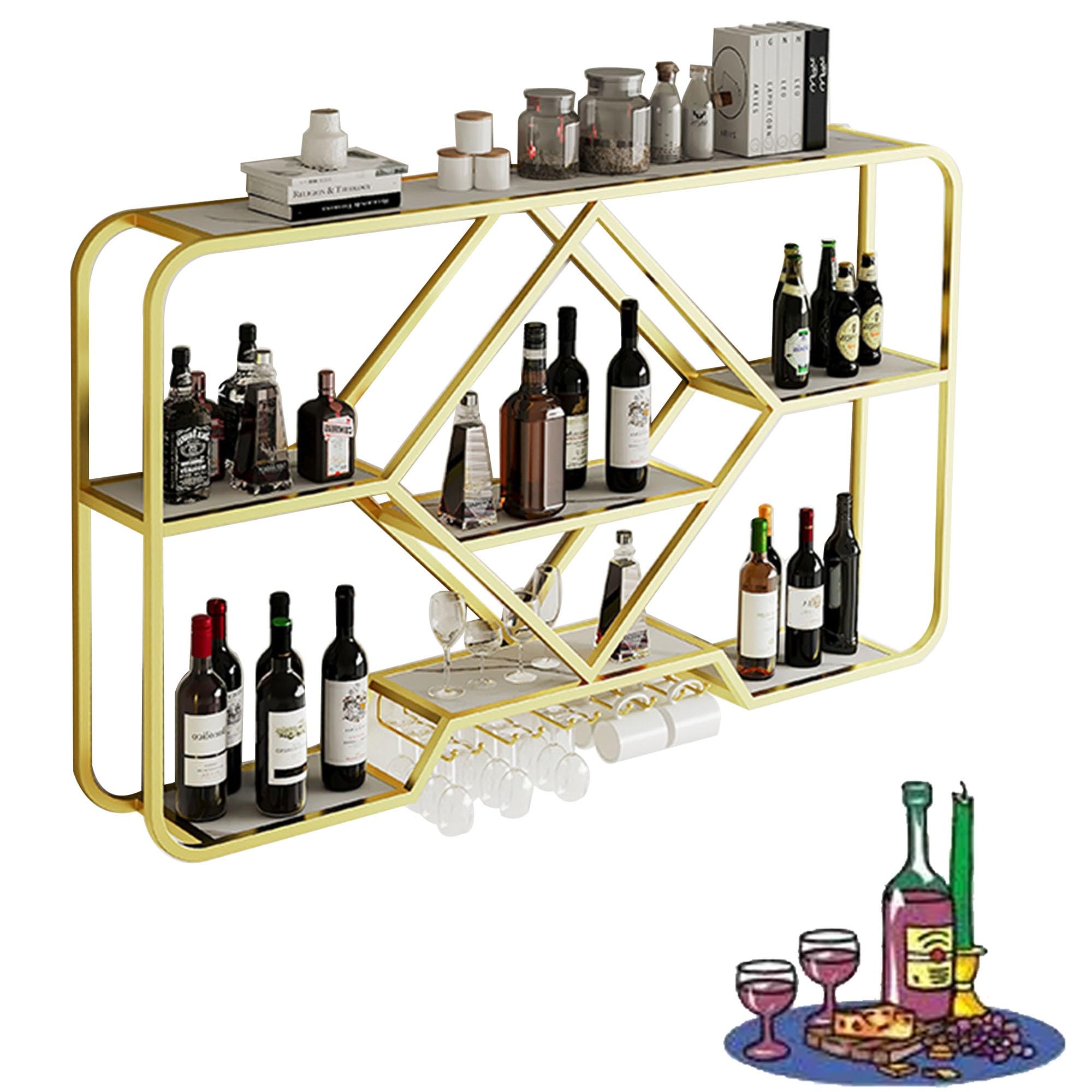 Casier à vin mural avec support pour verres à pied et étagère de bar