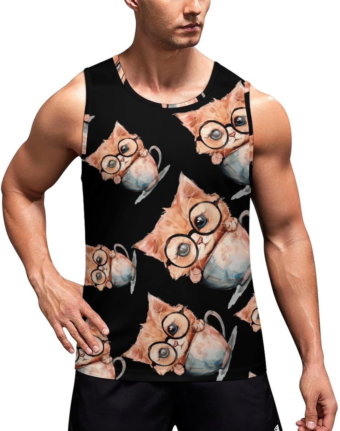 Watercolor Cat Men's Tank Top Sleeveless Muscle Shirts Vest Beach T Shirts for Workout Gym