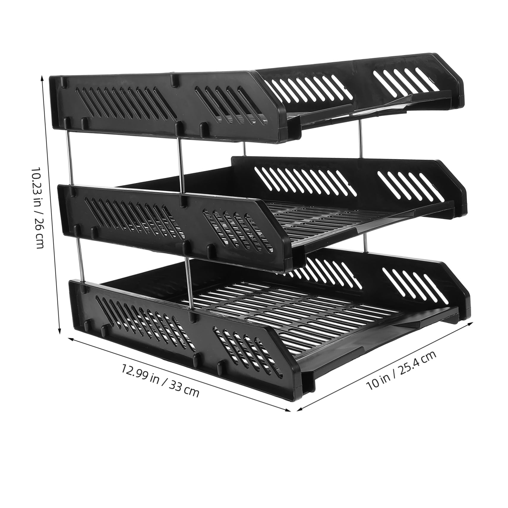 Organizador de Papel de 3 Bandejas PP Negro para Oficina | Diseño de 3 Niveles Estructura de Orificios Redondos, Montaje Sencillo y Soporte Robusto, Apto para Escuela