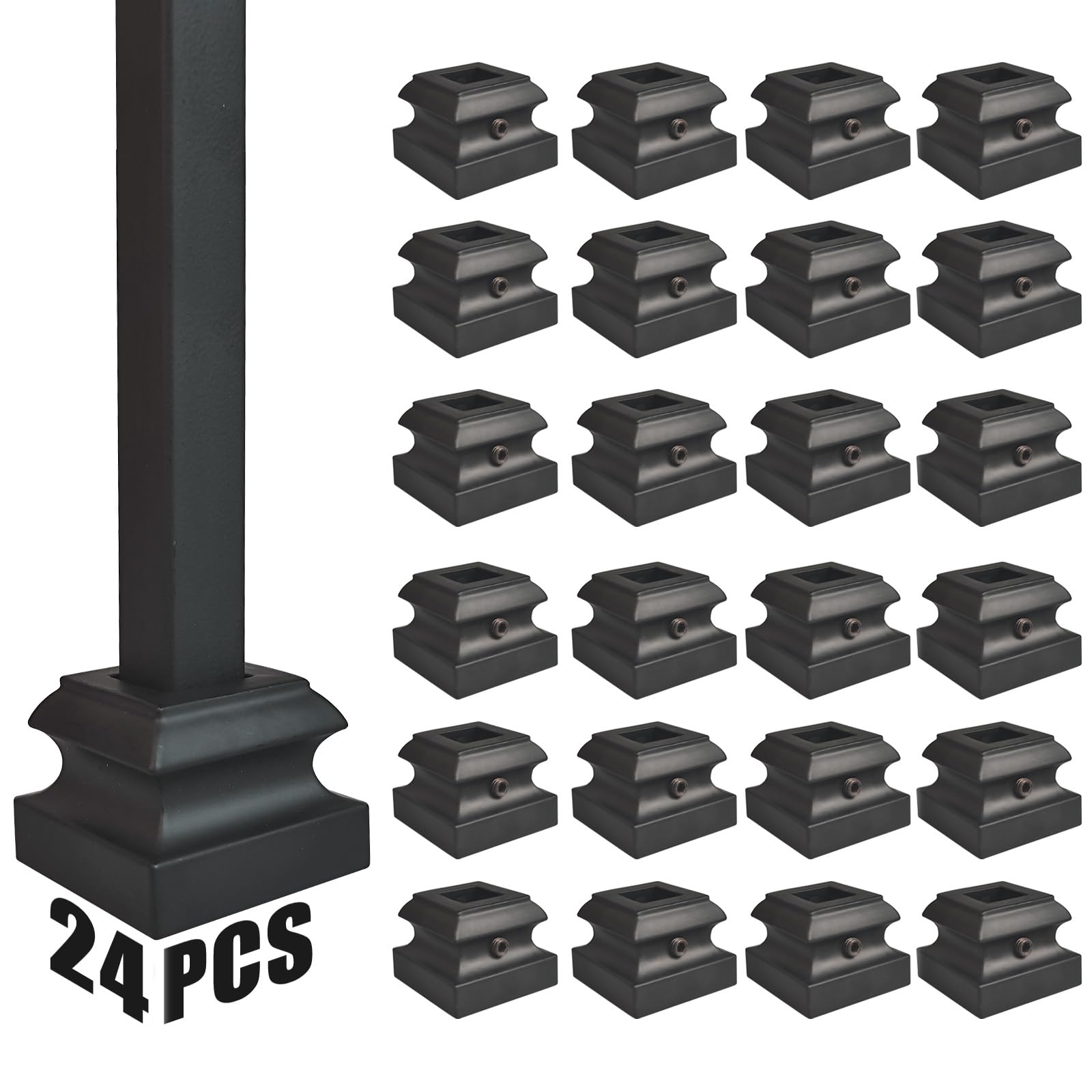 24 Pcs Iron Baluster Shoes, Stair Flat Shoes with Screw for 1/2 Inch Square Scroll Basket Twist Knuckle Staircase Balusters Metal Spindle Railing (Matte Black)