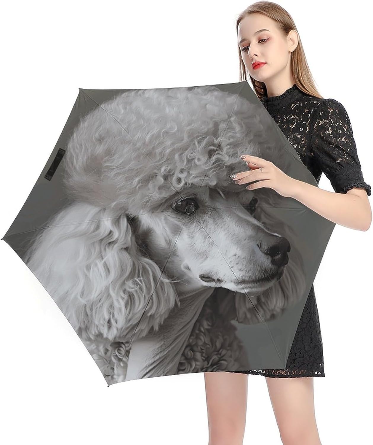 French Poodle Printed Exterior 5 Fold Umbrella,Windproof Travel Umbrella for Sun Protection, Small Portable,Compact Umbrellas for Travel, Purse Or Backpack
