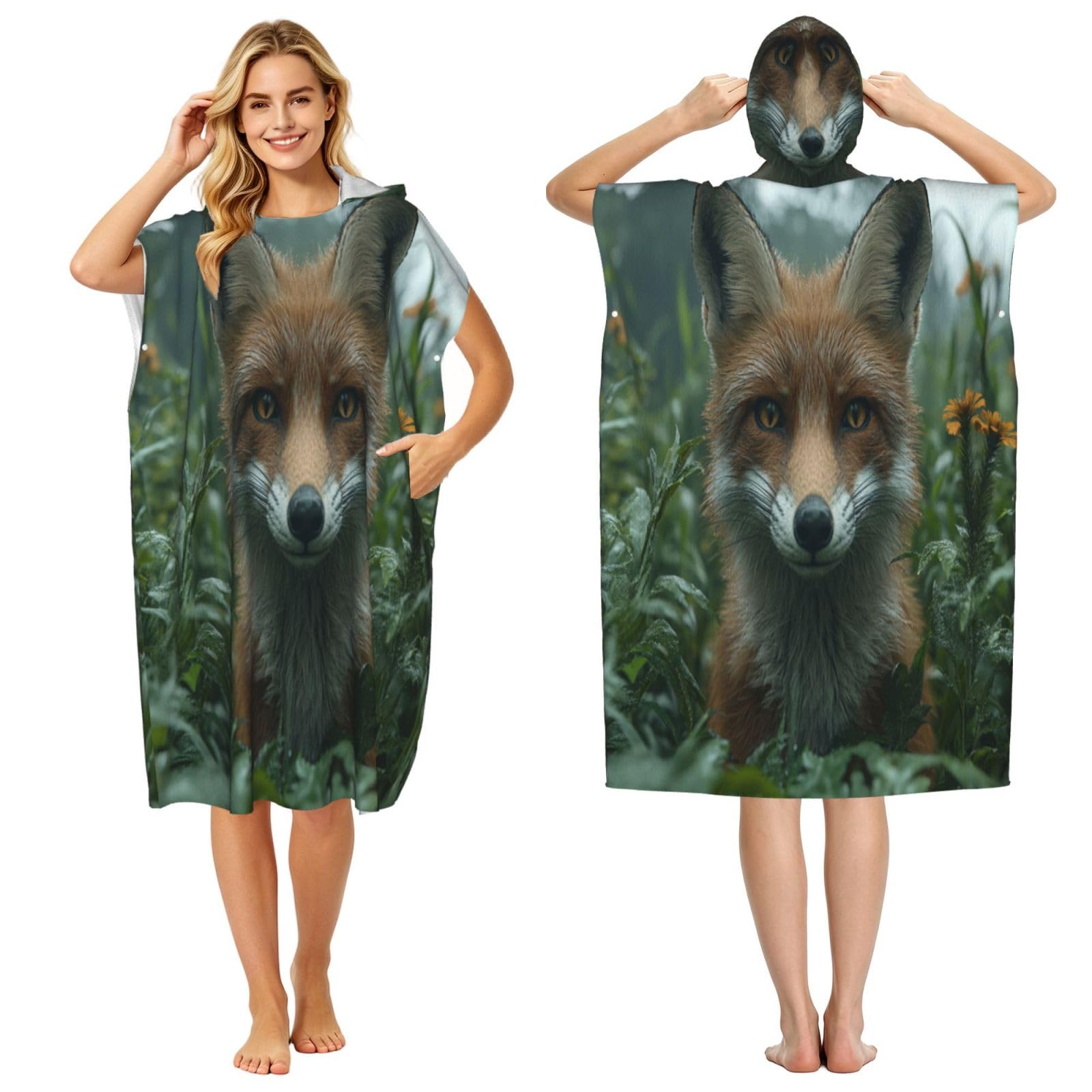 KLGRTJHK The Fox In The Grass Adult Hooded Beach Poncho Towel 43"X35"