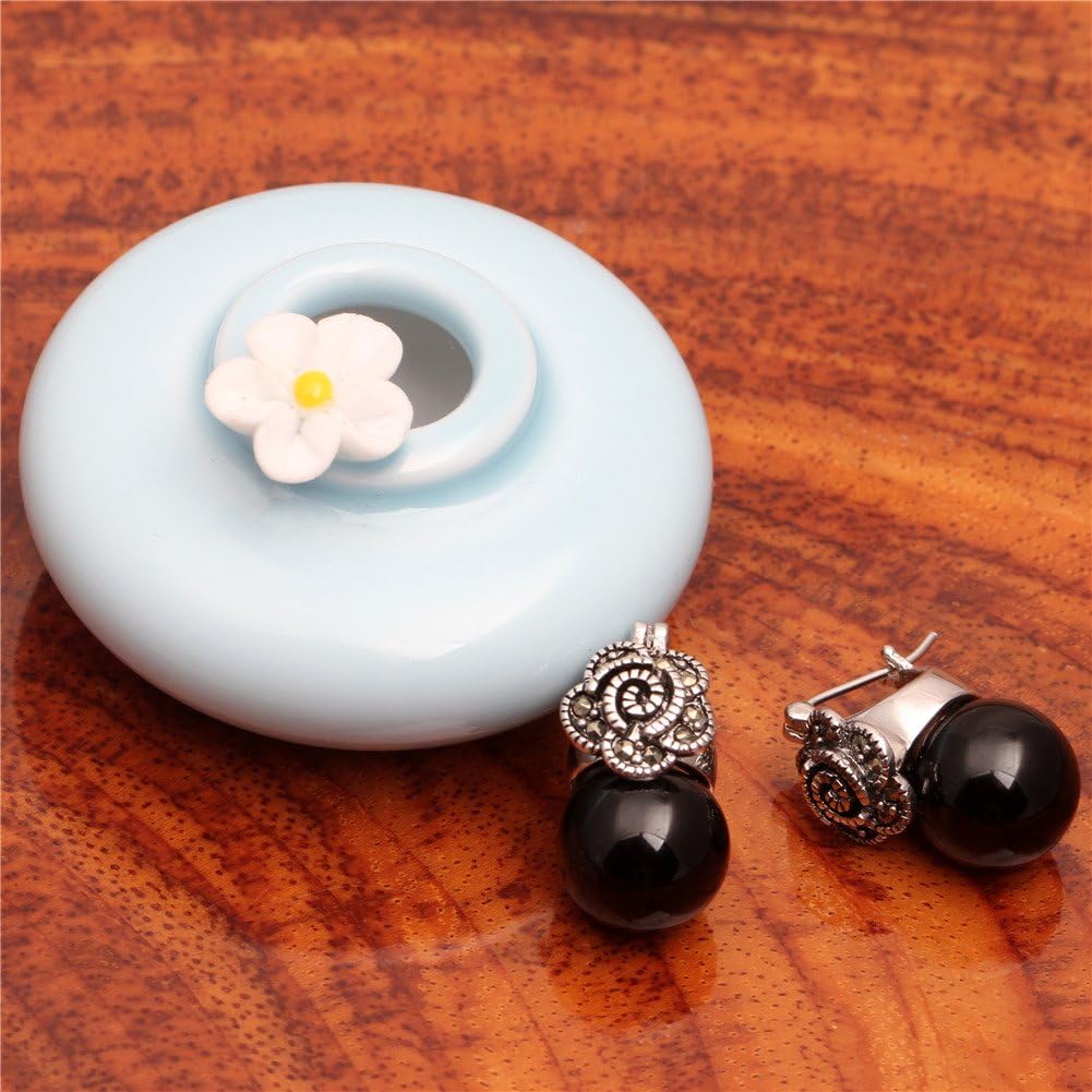Sweet & Happy Girl's Store 12mm Round Black Agate Beads Tibetan Silver Marcasite Base Dangle Stud Hoop Flower Earrings Jewelry - Image 5