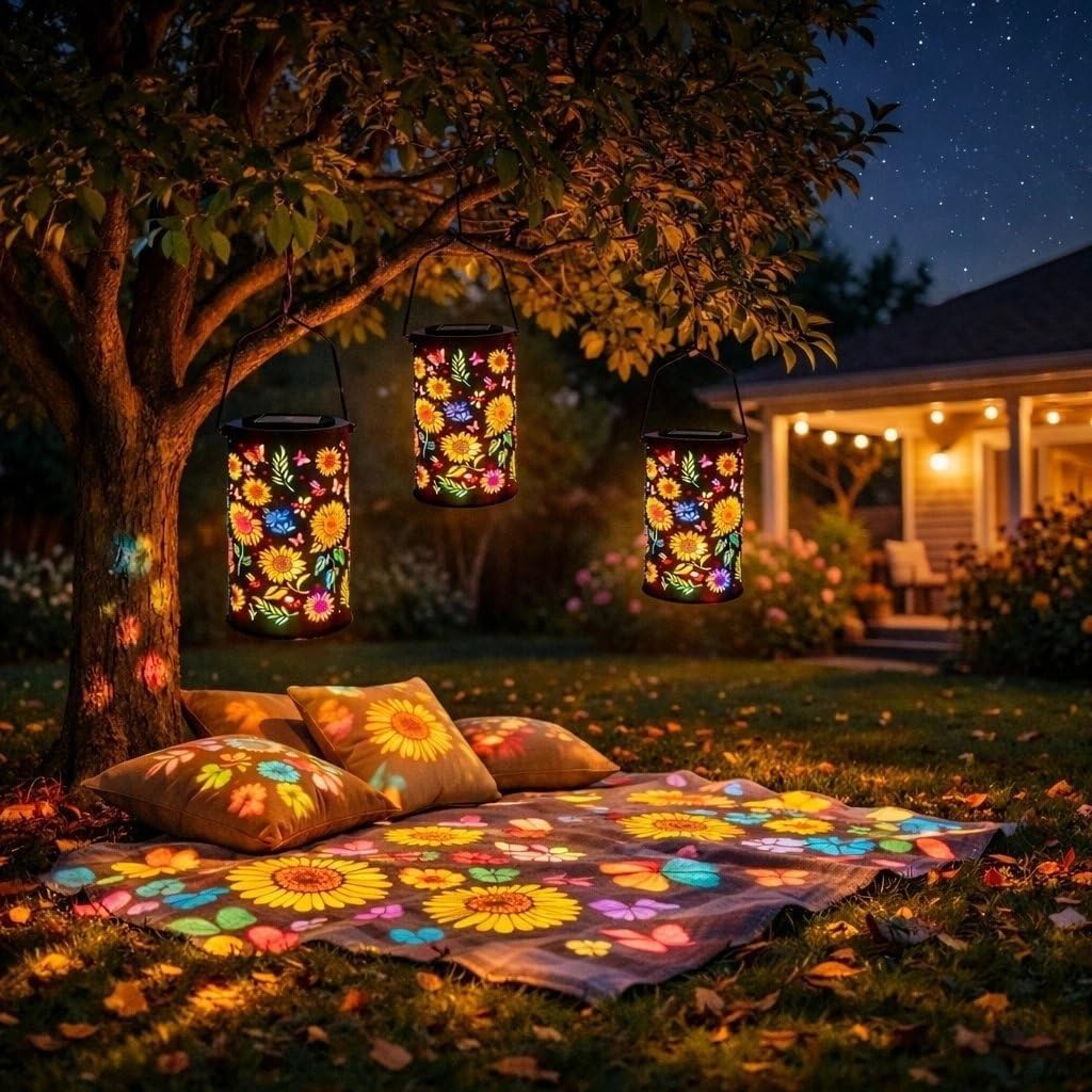 Solar Lantern Outdoor Waterproof Metal Decorative Hanging Lights-IP65 Retro Hollow-Out Shadow Projection Solar Powered Garden Decor for Patio Yard Pathway, Large 5x5x8 Inch(A,4pcs)