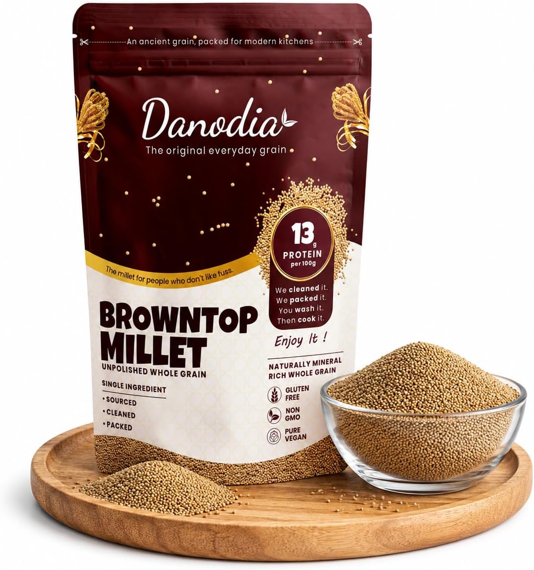 Danodia Browntop Millet Whole Grain 950g | Unpolished Brown Top Millet/Chotti Kangni/Andu Korralu/Korale | Gluten Free, Non-GMO & Vegan | High Protein 13g/100g | For Porridge, Roti & Baking