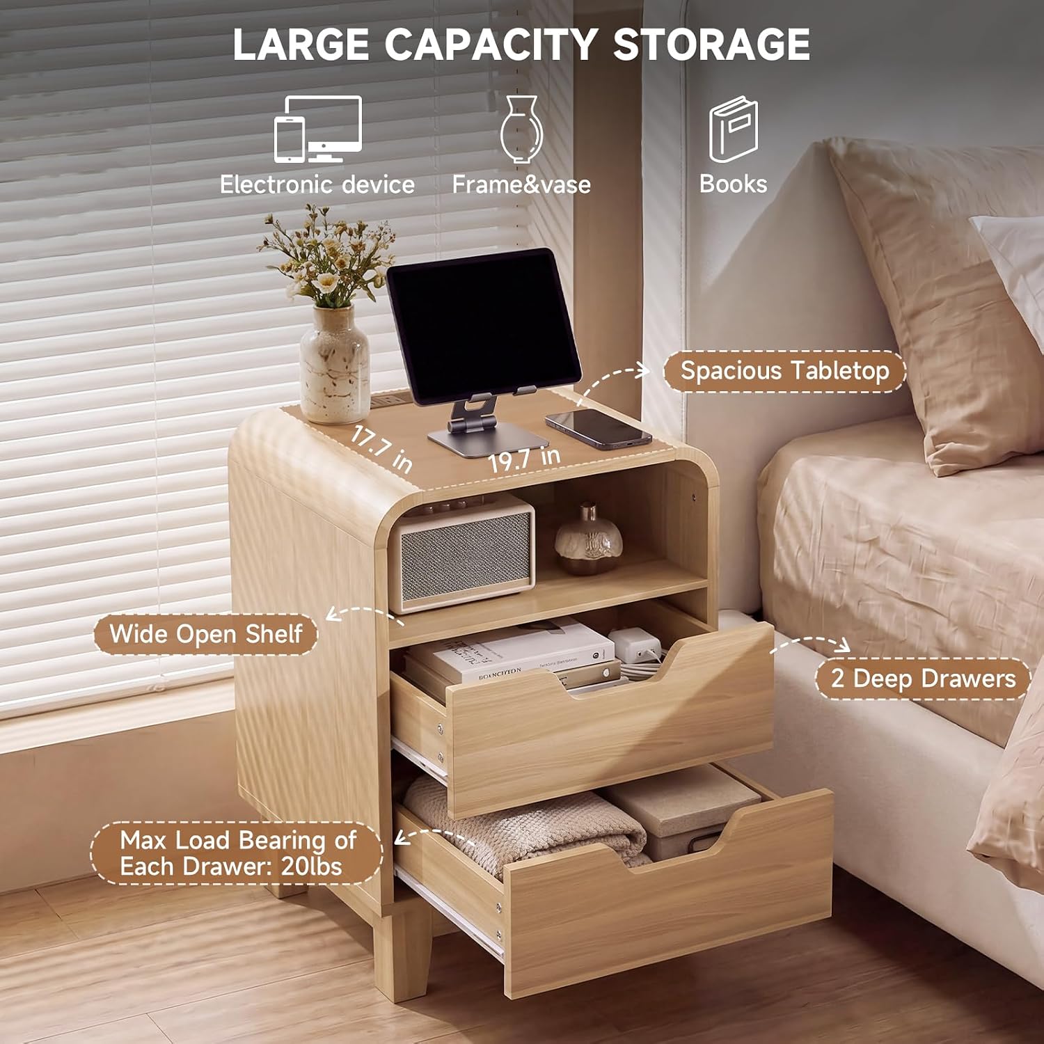 Nightstand with Charging Station, Modern Night Stand with LED Light, 15.7" Wide Wood Bed Side Table Bedroom, Small Bedside Table, Curved End Table with 2 Drawers| Natural Wood, 1 Pack