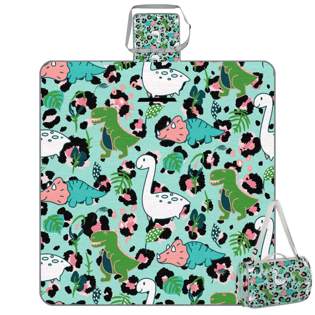 Divertidas mantas de picnic de dinosaurio y leopardo, 150 x 145 cm, plegable, para exteriores, playa, impermeable, para playa, camping, senderismo, picnic