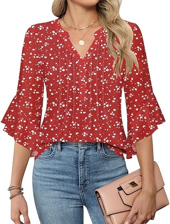 AKEWEI 3/4 Length Sleeve Womens Tops Double Layered Dressy Casual Business Work Blouses V Neck Office Tunic Shirts