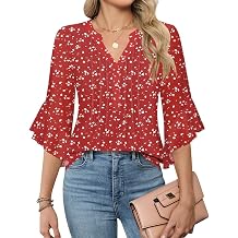 AKEWEI 3/4 Length Sleeve Womens Tops Double Layered Dressy Casual Business Work Blouses V Neck Office Tunic Shirts