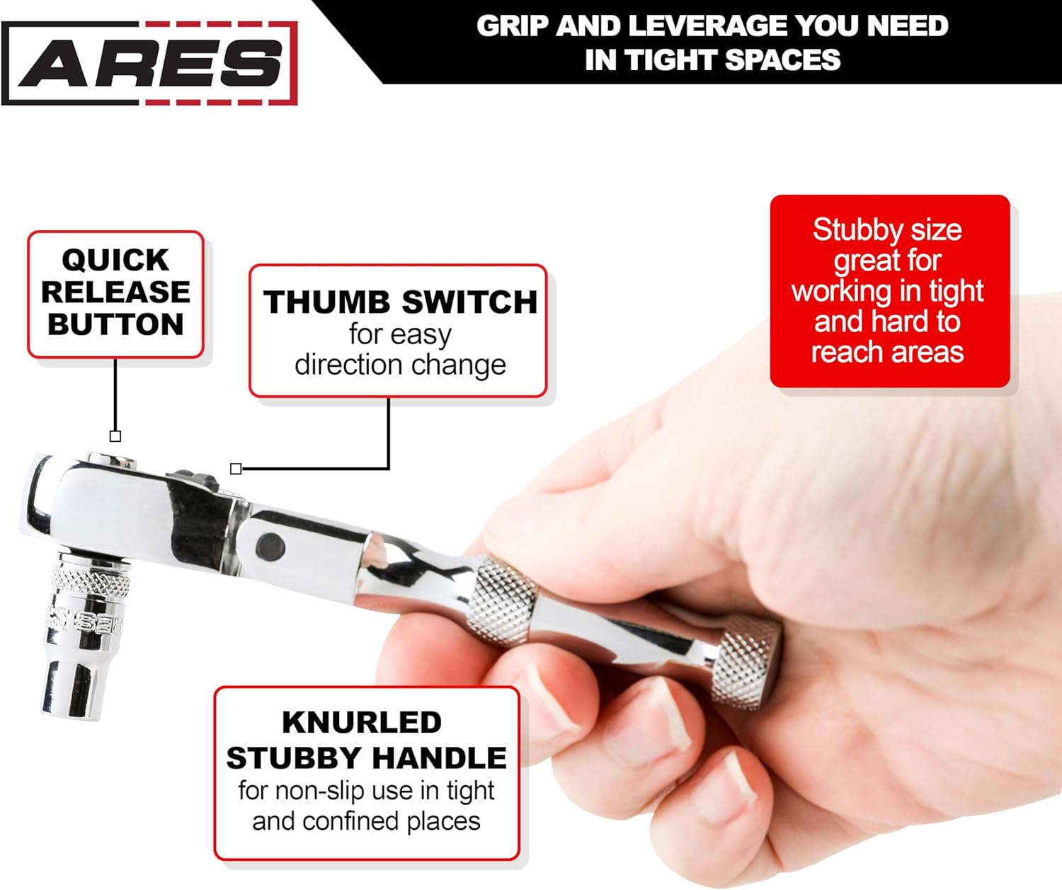 ARES 42044 - Flex Head Stubby Ratchet - 3/8-Inch Drive 72-Tooth Ratchet - Premium Chrome Vanadium Steel Construction & Mirror Polish Finish - Quick Release Reversible Direction Head Design