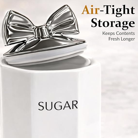 BML Ceramic Tea Coffee Sugar Canisters Set Airtight Kitchen Storage Jars Decorative Countertop Canister Set with Silver Bow Lids Ideal Housewarming Gift & New Home Kitchen Accessory
