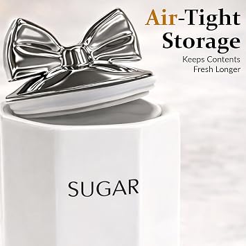 BML Ceramic Tea Coffee Sugar Canisters Set Airtight Kitchen Storage Jars Decorative Countertop Canister Set with Silver Bow Lids Ideal Housewarming Gift & New Home Kitchen Accessory