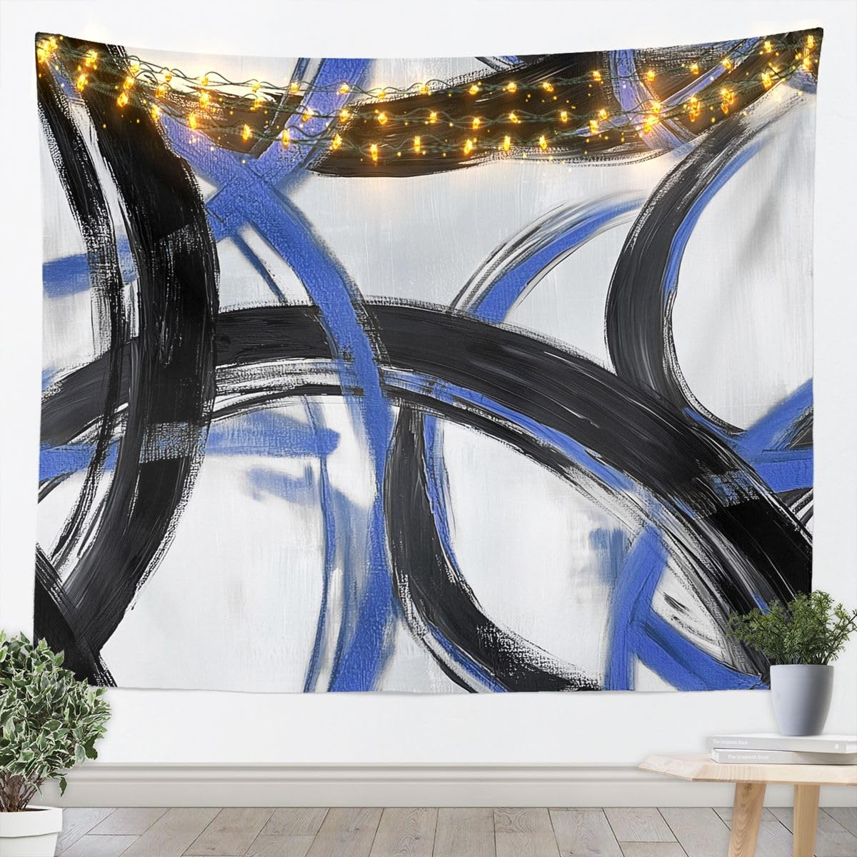 jejeloiu Blue Black Gray Stripe Tapestry Modern Art Wall Art Geometric Aesthetic Wall Hanging Blanket for Living Room Bedroom Home Decor Medium 59"x59" image 3