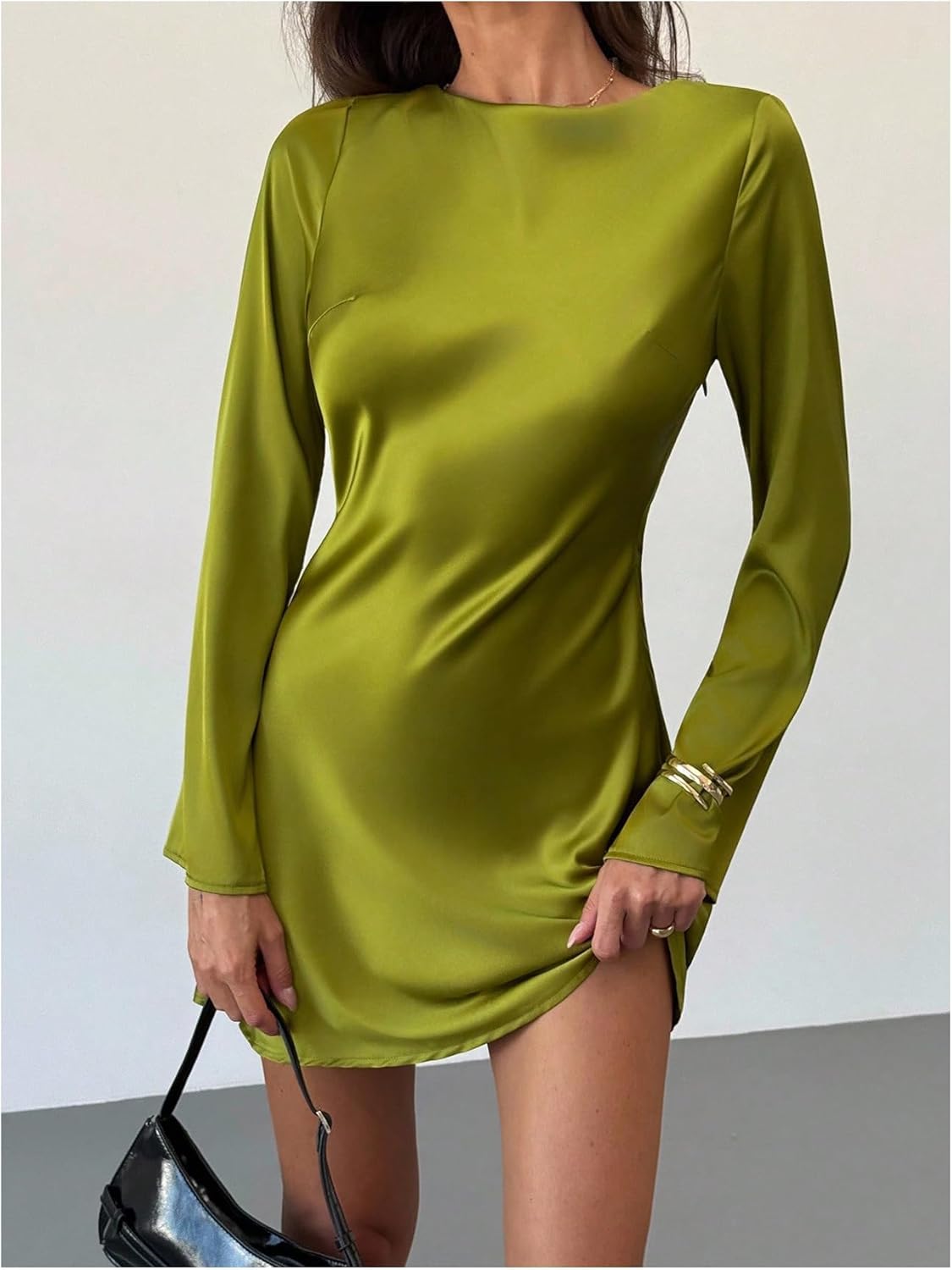 Floerns Women's Backless Draped Satin Mini Dress Crew Neck Long Sleeve Flared Date Night Party Dresses - Image 2