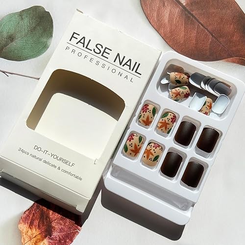 Miniatura 4 de Uñas postizas a presión de color marrón oscuro, uñas postizas de hojas de arce, uñas postizas cortas cuadradas de cobertura completa, uñas acrílicas