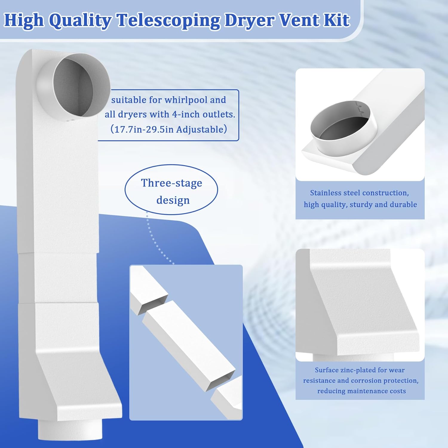 4" UD48S Telescoping Dryer Vent Kit, Stainless Steel Periscope Dryer Vent, 17.7-29.5" Adjustable Dryer Vent Kit for Tight Spaces, Dryer Vent Duct Fit for Whirlpool and all 4in Dryer Vent Outlet