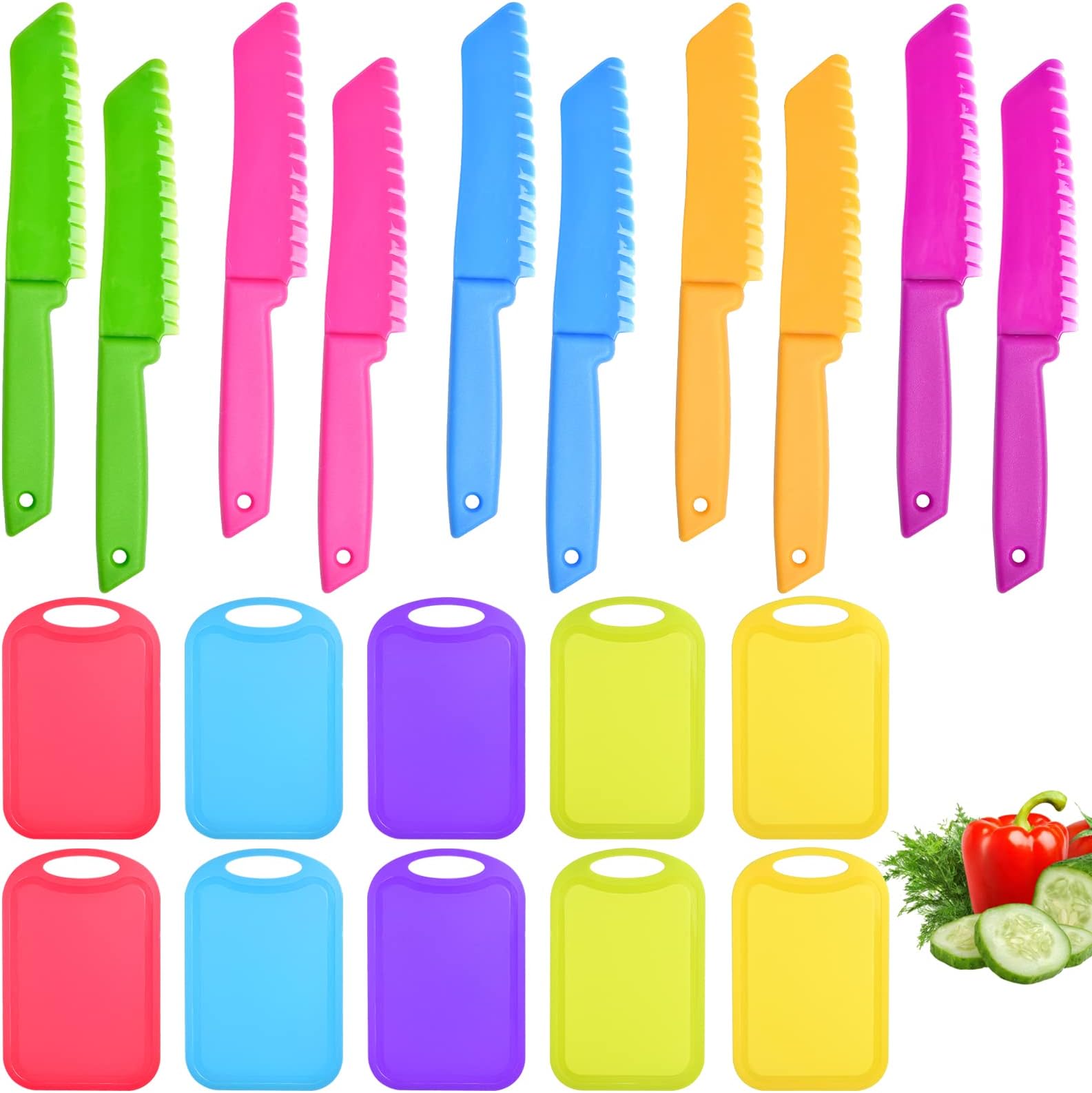 Aemygo 20 Pcs Kids Knife Set with Cutting Board, Plastic Child Safe Knives for Real Cooking