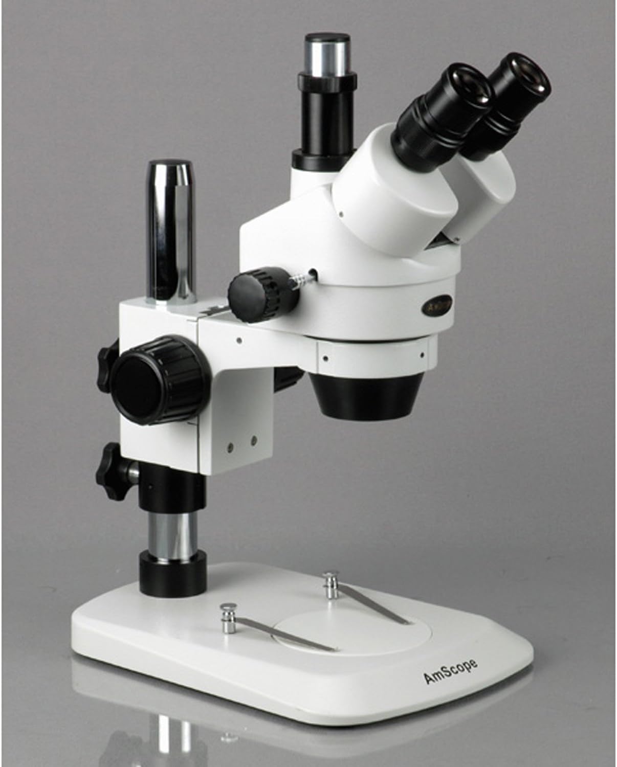 AmScope SM-1TNZ Professional Trinocular Stereo Zoom Microscope, WH10x Eyepieces, 3.5X-90X Magnification, 0.7X-4.5X Zoom Objective, Ambient Lighting, Pillar Stand, Includes 0.5X and 2.0X Barlow Lenses