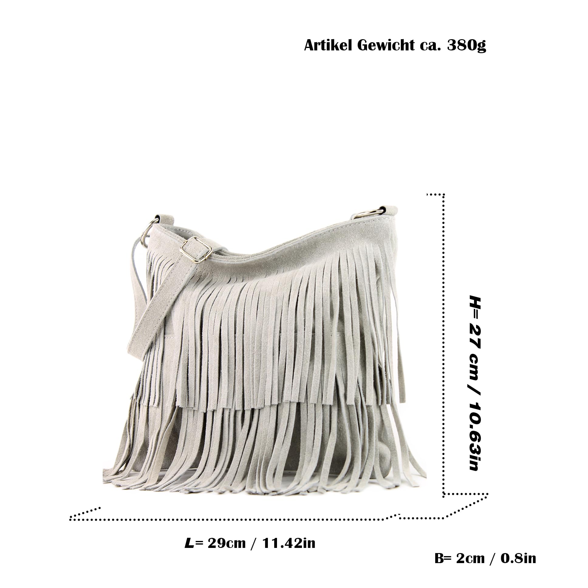 modamoda de - T125 - Borsa a tracolla con frange in pelle scamosciata, pietra, M