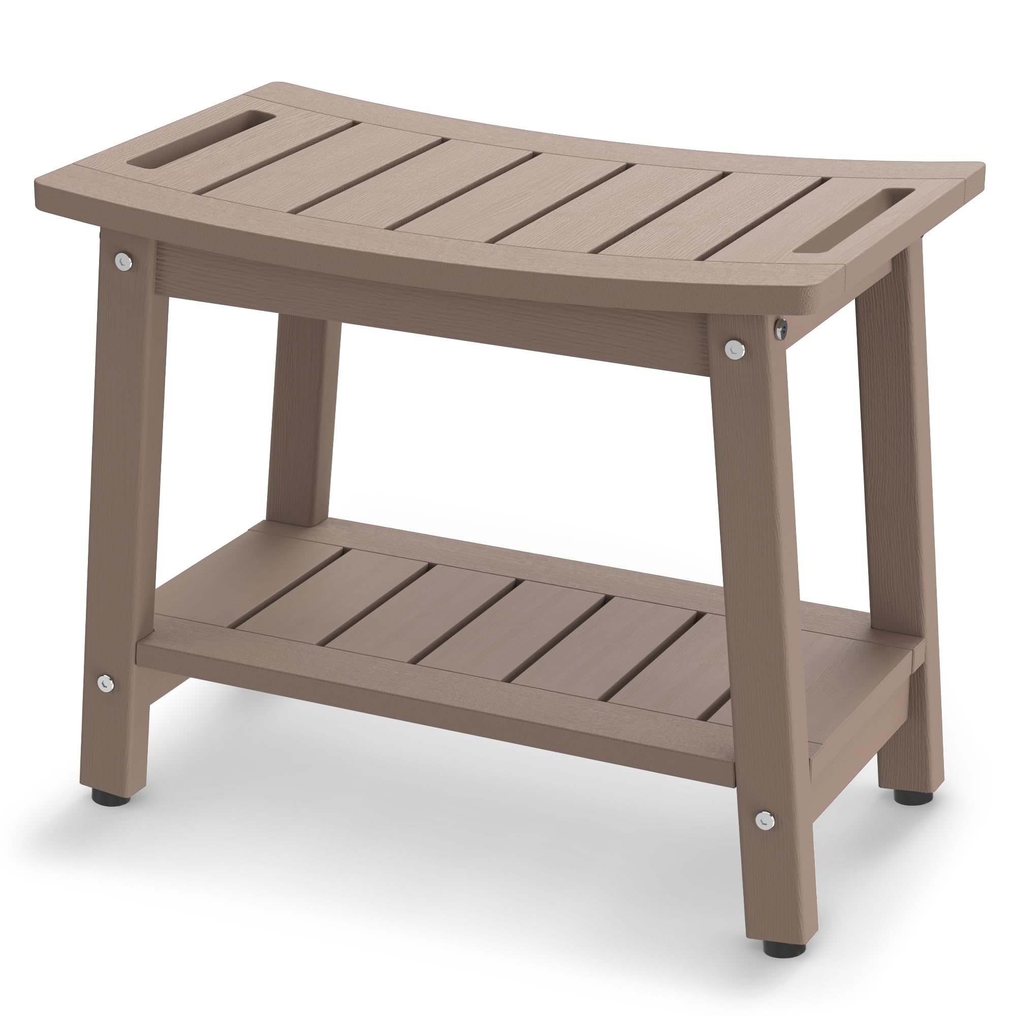Shower Bench for Inside Shower - Taupe HDPE Shower Stool Waterproof - Spa Bathroom Seat Chair with Handle, Storage Shelf, Adjustable Feet - Indoor/Outdoor, Weather Resistant