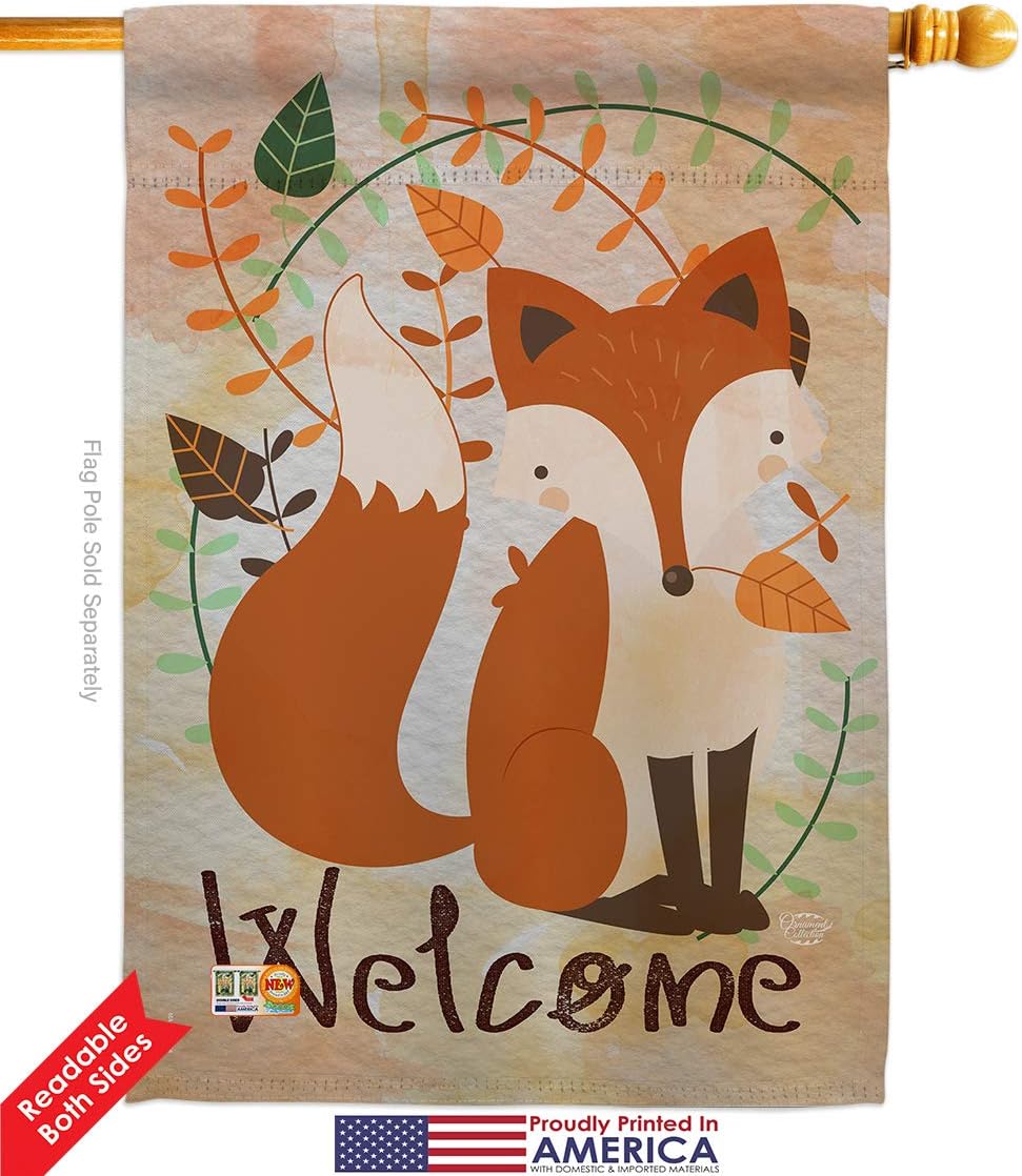 Welcome Fox House Flag Animals Wildlife Outdoor Deer Bear Wolf Pet Nature Farm Animal Creature Small Decorative Gift Yard Banner Double-Sided Made In USA 28 X 40