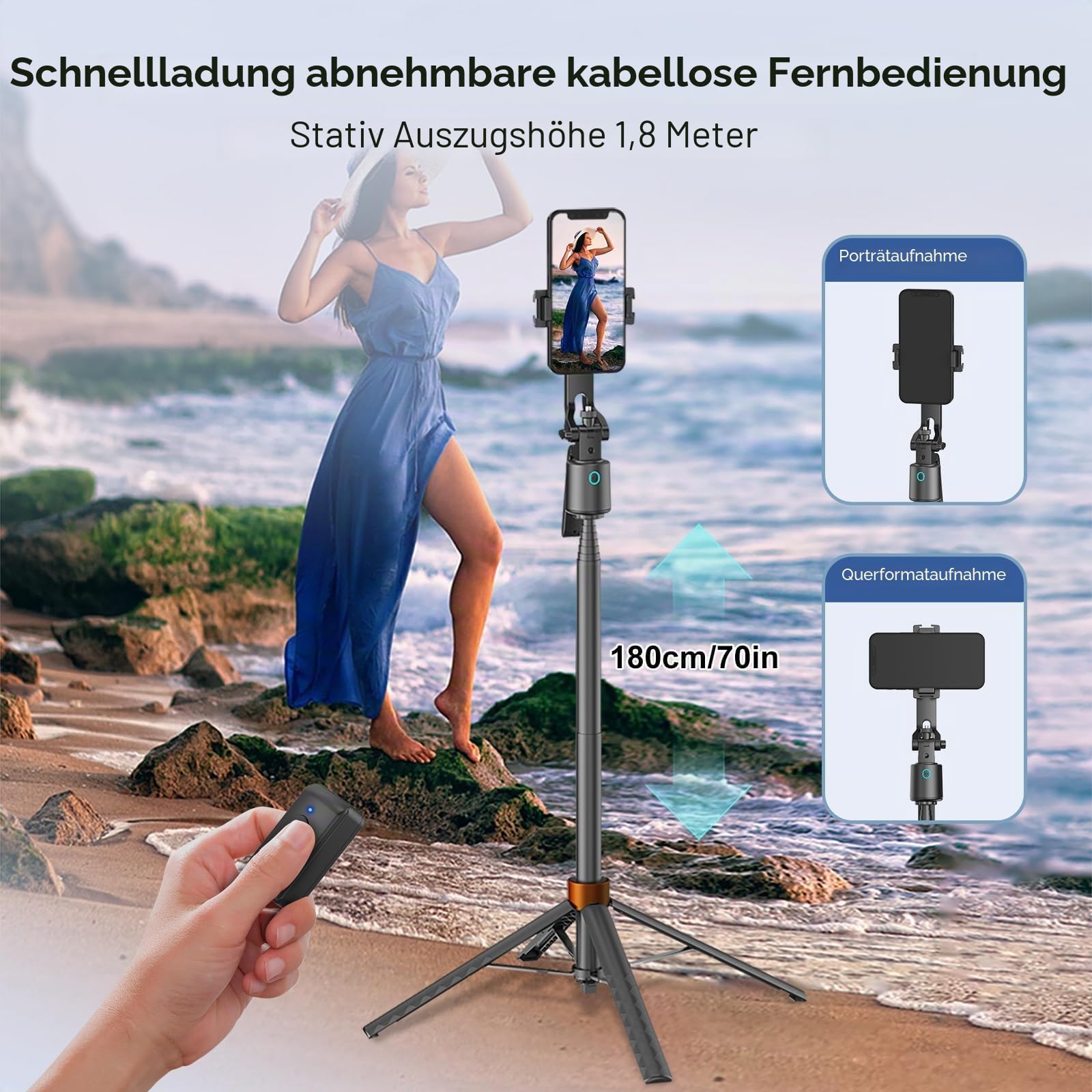 Gesichts-Tracking-Stativ für iPhone, 177,8 cm hoch, Reise-Handy-Stativ mit Licht, Fernbedienung und Gestensteuerung, Selfie-Stick für Videoaufnahmen, TikTok Live-Streaming und Inhaltsersteller (mit