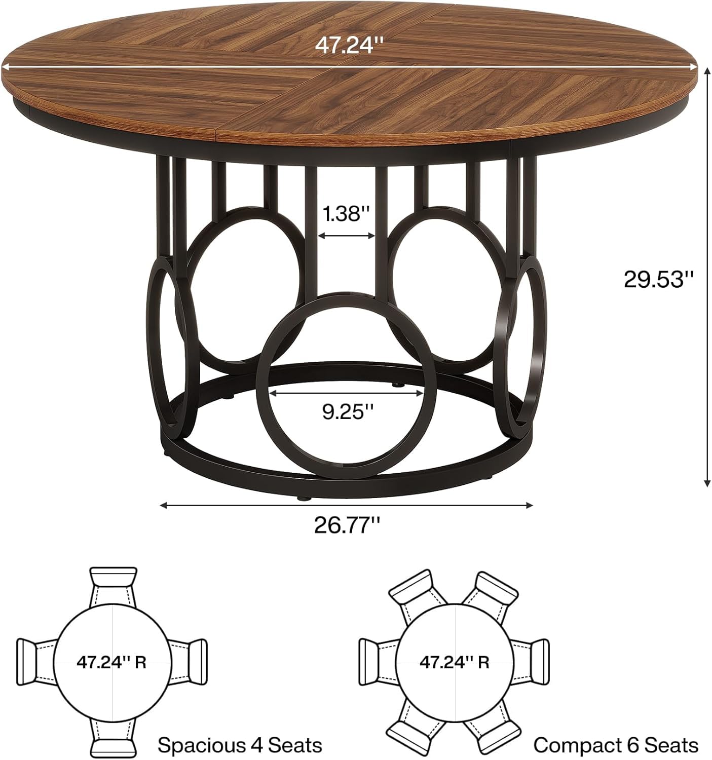 Lailang 120cm Mesa Comedor, Mesa Cocina Redonda, Mesa de Jantar Redonda, Muebles Rusticos, Mesa Redonda para 4 Personas, Mesa Comedor 120, 120 x 120 x 75 cm, Brown & Black