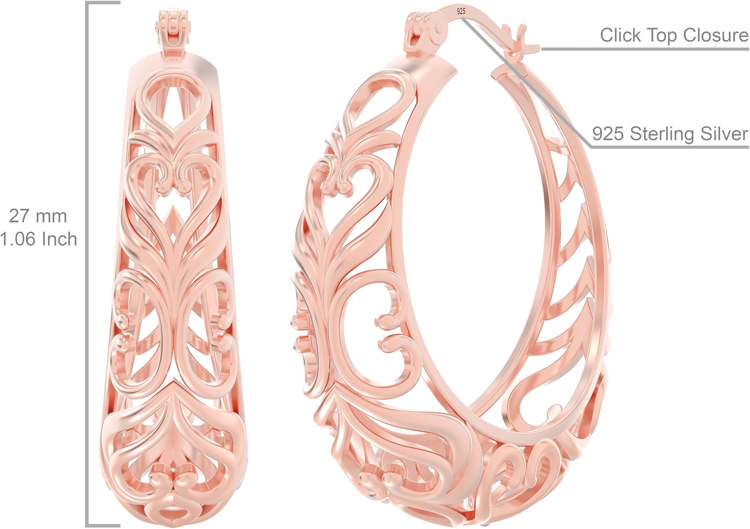 LeCalla 925 Sterling Silver Chunky Hoop Earrings | Filigree Heart Hoop Earrings for Women | Oval & Round Mesh Filigree Click-Top Hoops Earring | Hypoallergenic Earrings for Women