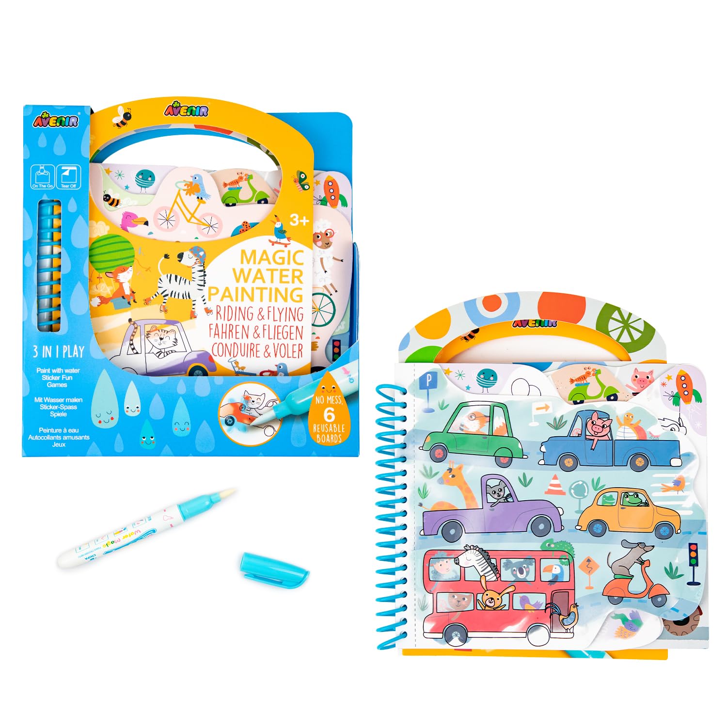 Avenir Ausmalspiel Fahren & Fliegen – 3-in-1 Kreativ-Set (6 Wasserbilder, 3 Spiele, 93 Sticker)