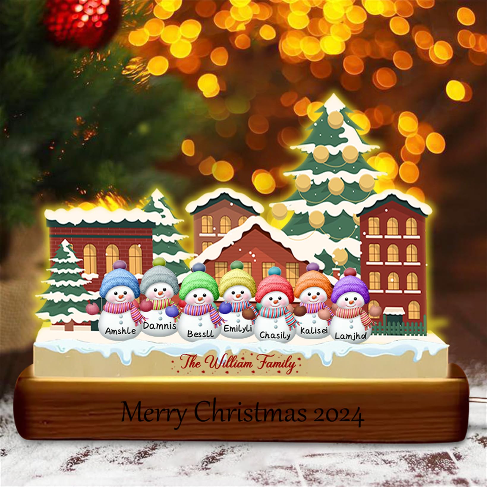 Personalized Christmas Snowman Acrylic Night Lights with 1-15 Snowman Names Snow Village Holiday LED Lamp Christmas Town Hut Lighted Table Decorations (Snowy Village Church Acrylic Lamp - 4)