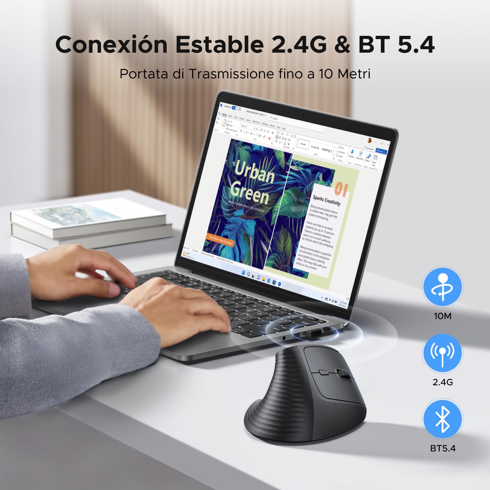 UGREEN Mouse Verticale Wireless 2,4G e Bluetooth 5.4 Silenzioso 4000 DPI | Ergonomico Compatibile con Windows macOS Linux