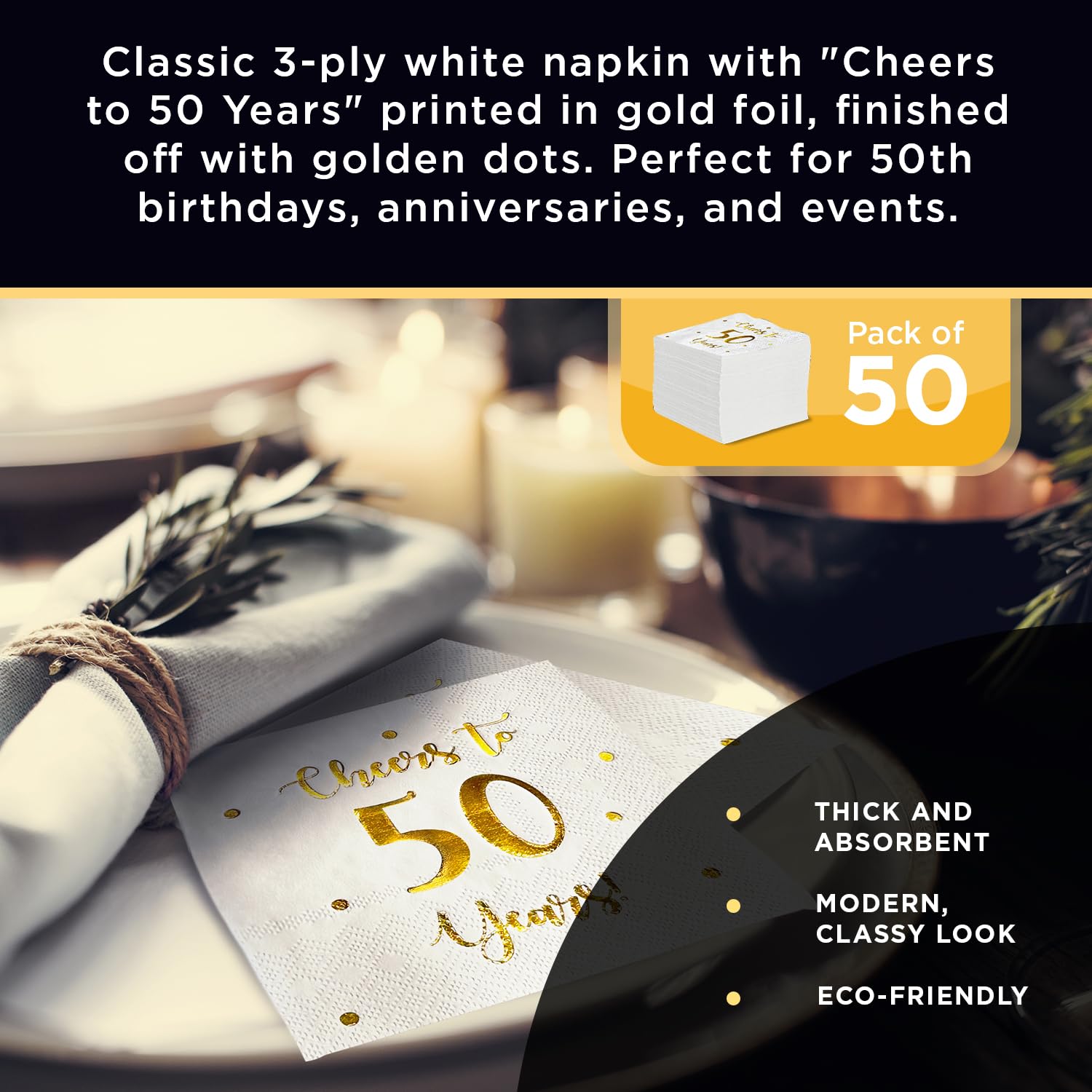 Servilletas de cóctel Cheers to 50 Years | decoraciones de 50 cumpleaños para hombres y mujeres y decoraciones de fiesta de aniversario de boda | 50 servilletas de 3 capas | 5 x 5 pulgadas plegadas