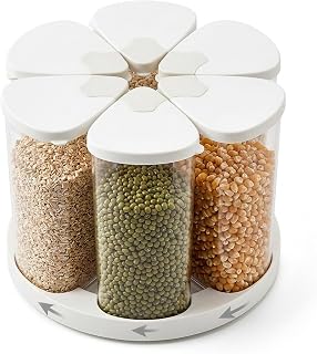 FARYODI 360° müslidispenser, set om 6, vridbar förvaringsbehållare – 4–5 l | Uppsättning av 6 förvaringsburkar med vridbar bas – transparent behållare för flingor, nötter och snacks – platsbesparande