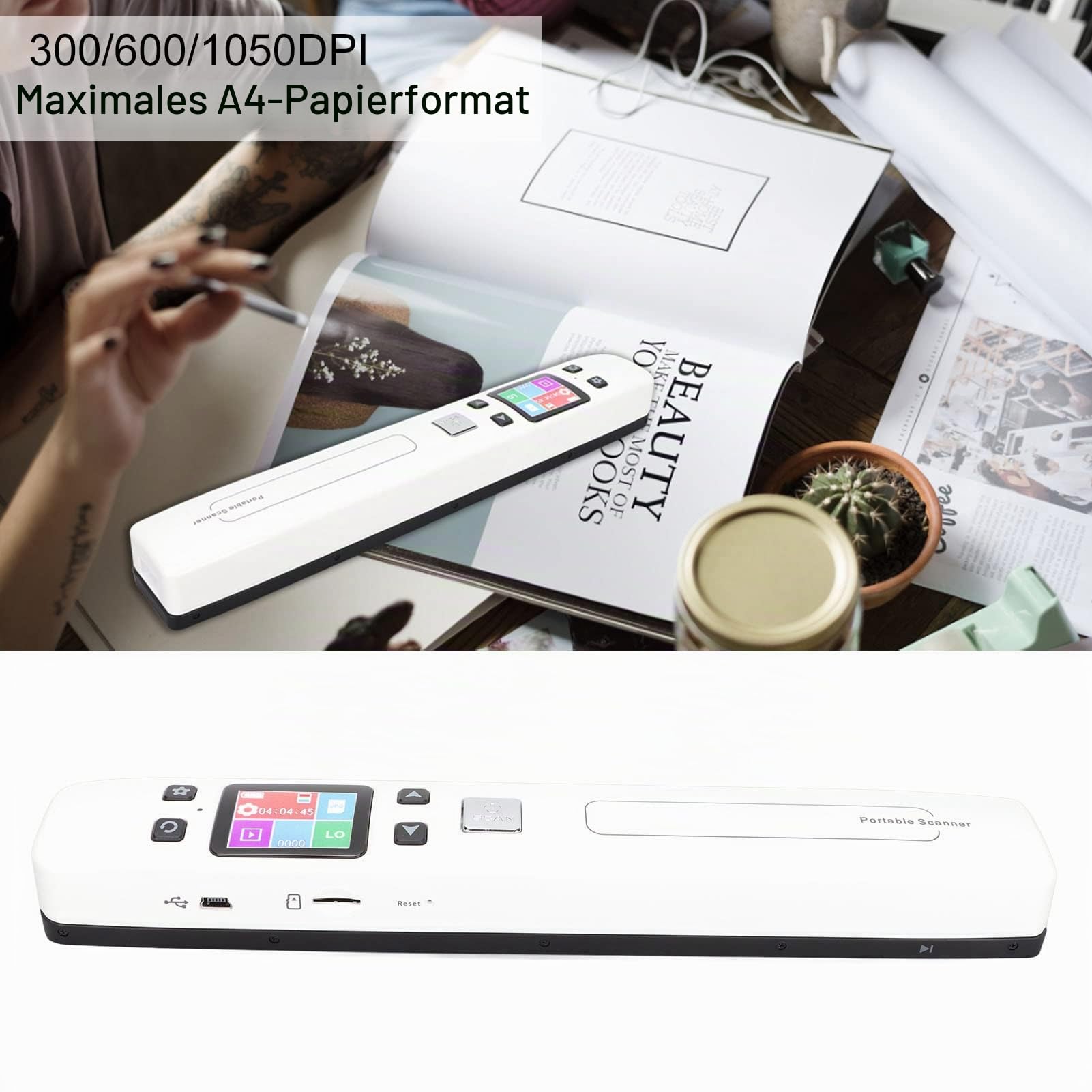 Tragbarer Scanner, WLAN-Dokumentenscanner Bis zu 4A Papiergröße 300 600 1050 DPI Monochromatischer Farbmodus OCR-Software LCD-Touchscreen Zum Scannen von Dokumenten, Fotos, Zeitschriften(Weiß)