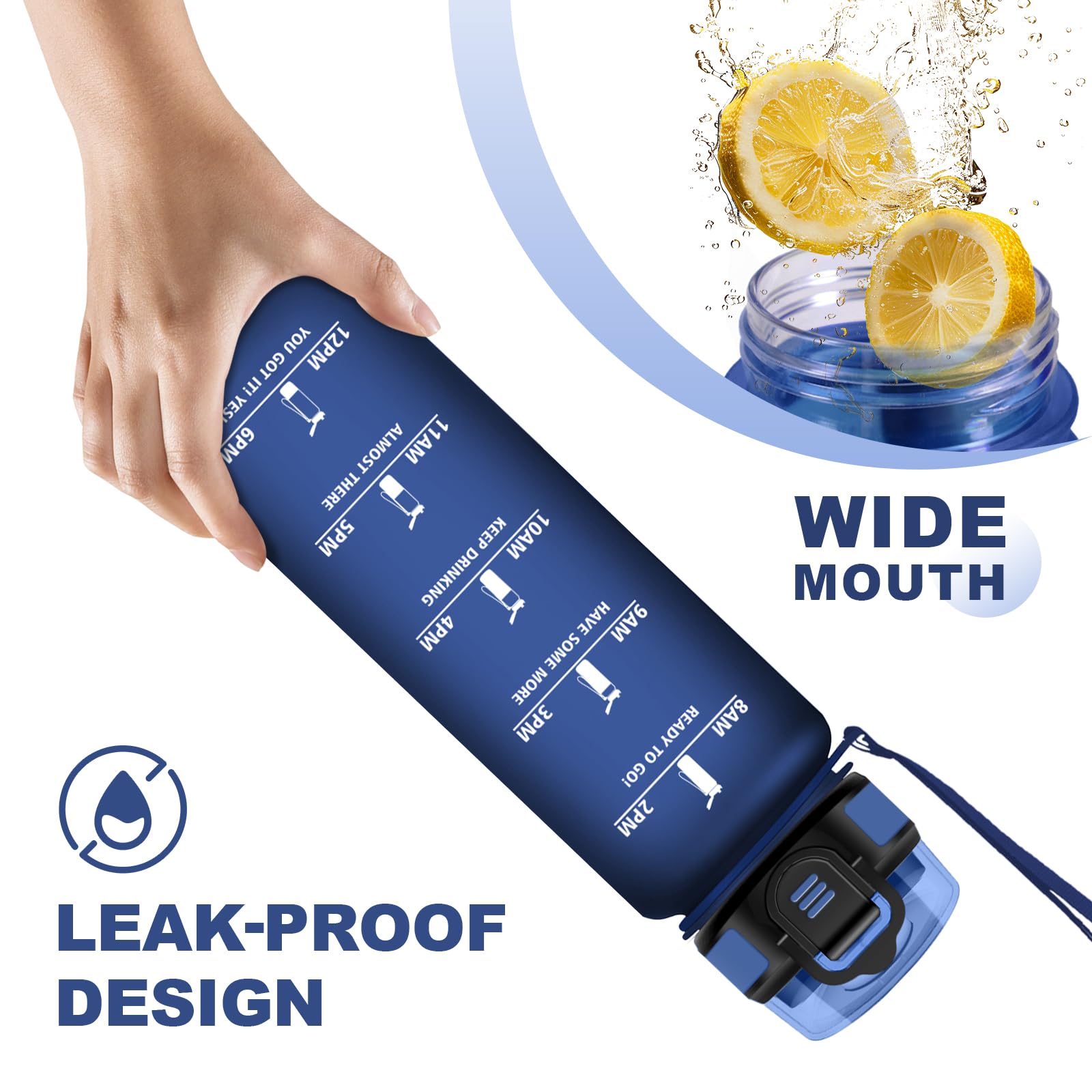 JAPORIA Borraccia 1L, Bottiglia Idratazione con Cannuccia, Indicatore Tempo, Antigoccia, Riutilizzabile, per Ciclismo, Escursionismo, Lavoro