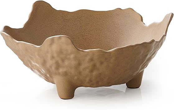 Fruit Bowl for Kitchen Counter, Porcelain Decorative Bowl for Home Decor Modern Pedestal Bowl with 3-Legs Large Centerpiece Bowl for Breads, Nuts, Brown