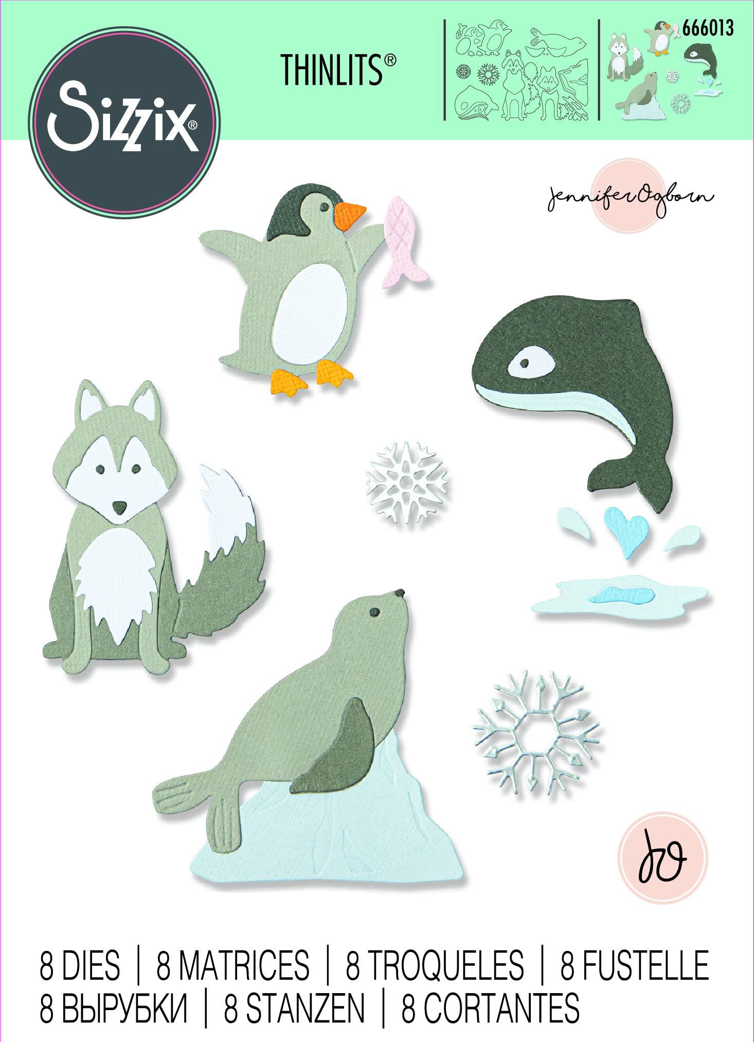 Sizzix Set di Fustelle Thinlits 8PK Arctic Animals di Jennifer Ogborn | 666013 | Capitolo 4 2022 Wafer, Plastica Carta, Grey, One Size