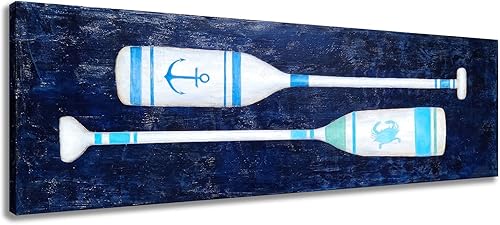 Yihui Arts Lienzo de pared costero, pintura de remo azul marino y blanco para decoración de dormitorio y baño
