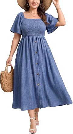Plus Size Casual Maxi Boho Dress for Curvy Women Short Sleeve Square Neck Smocked Summer Beach Dresses Button Down