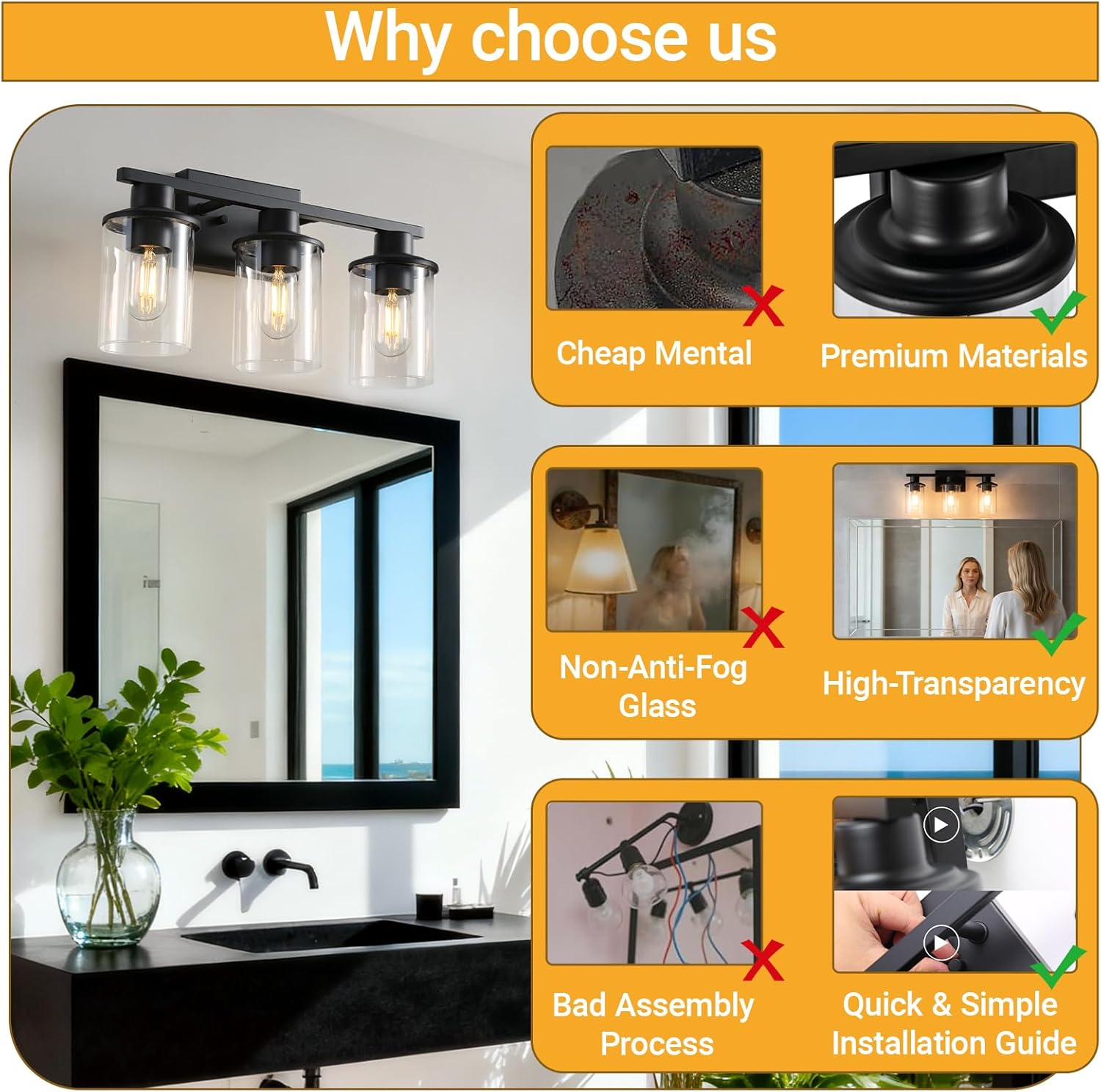 LOUSACE 3-Light Bathroom Light Fixtures, 17.3" Black Modern Vanity Lights with Clear Glass Shade, Bathroom Wall Lamp for Mirror Living Room Hallway Cabinet Porch, E26 Base