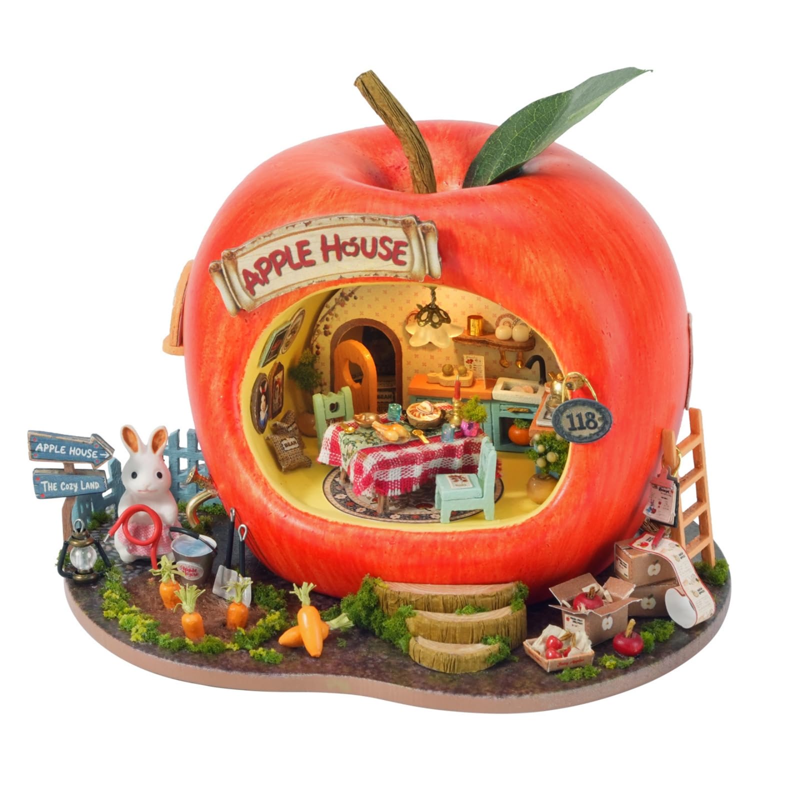 Maquette Industrielle Miniature Maison Boutique Diorama Kit de Construction Décor en Résine Bois Tissu Papier et Personnage Adaptée au Bureau Étagère Espace de Travail , Ferme De Pommes De Lapin