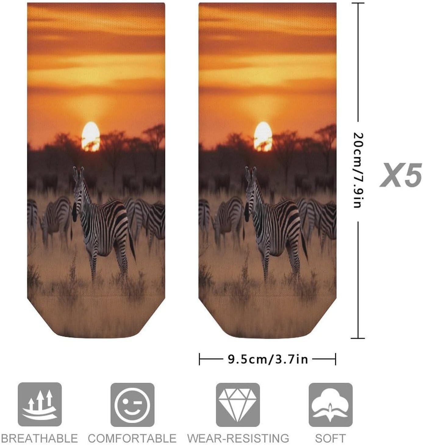 Socks for Men Women 5 Pairs Short Ankle Socks | Africa Sunset Zebra Low Cut Casual Crew Sock Cute Breathable Athletic Socks Non Slip No Show Sock