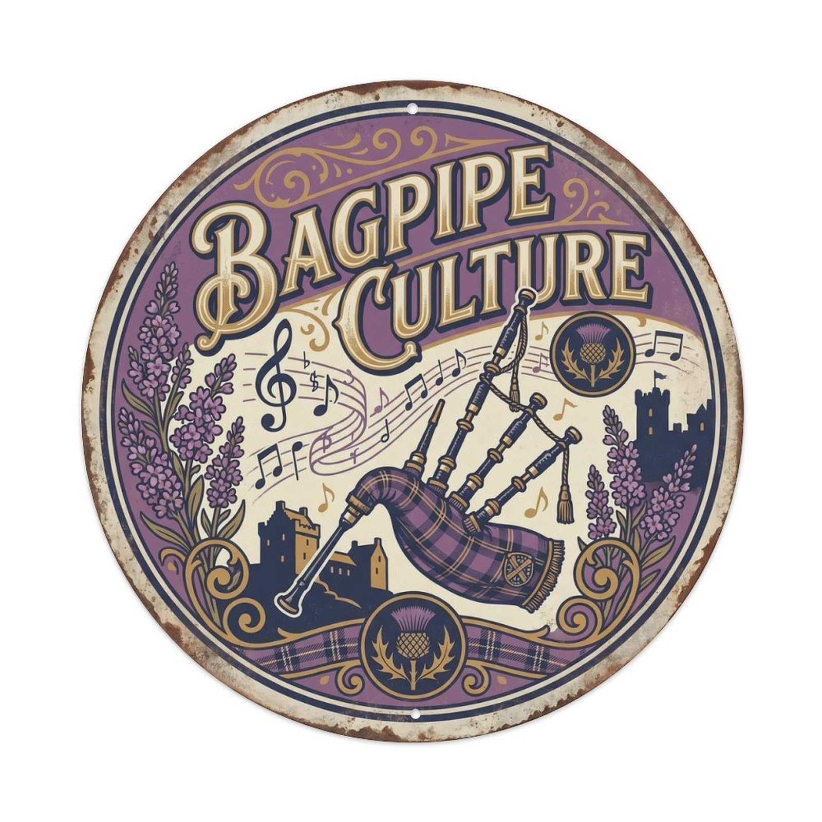 Vintage Travel Bagpipe Culture Scotland Metal Tin Sign Plaque Wall Decor for Cafe, Club, Garden Round Metal Poster 8x8Inch