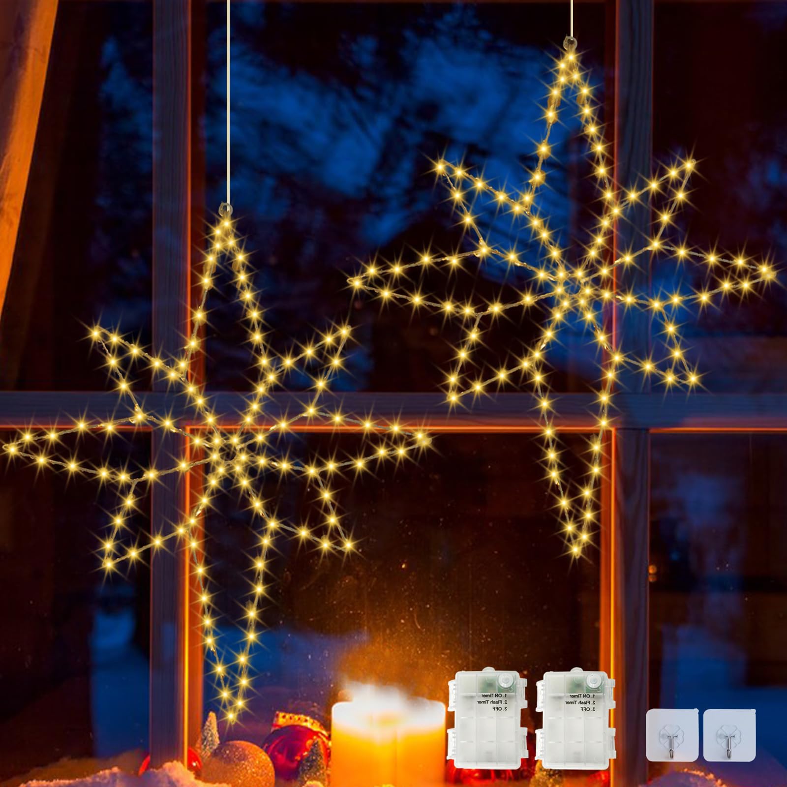 2PCS Christmas Window Lights, 23Inch Large Metal Christmas Star Light 118LED Xmas Window Decoration Lights Battery Operated Light with Timer for Xmas Window Wall Garden Home Indoor Outdoor
