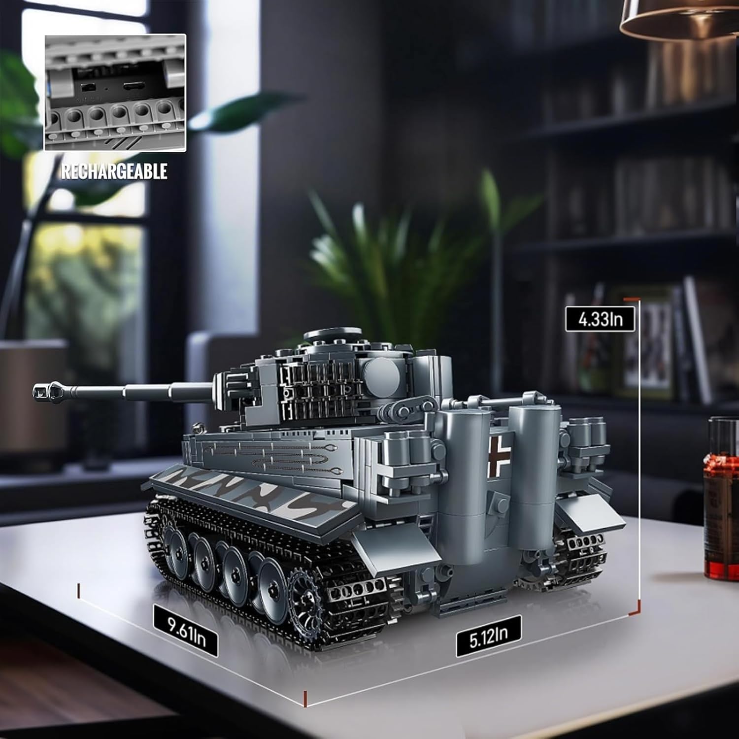 Diagram showing the dimensions of the Mould King Tiger Tank model