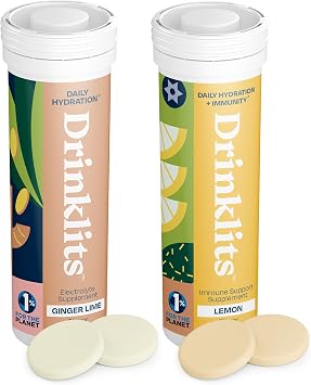 Drinklits Ginger-Lime Hydration & Lemon Immune Support 2 Tube Combo Pack | Great Taste Daily Electrolytes Essential Vitamins | 20 Servings 10 Tablets Per Tube