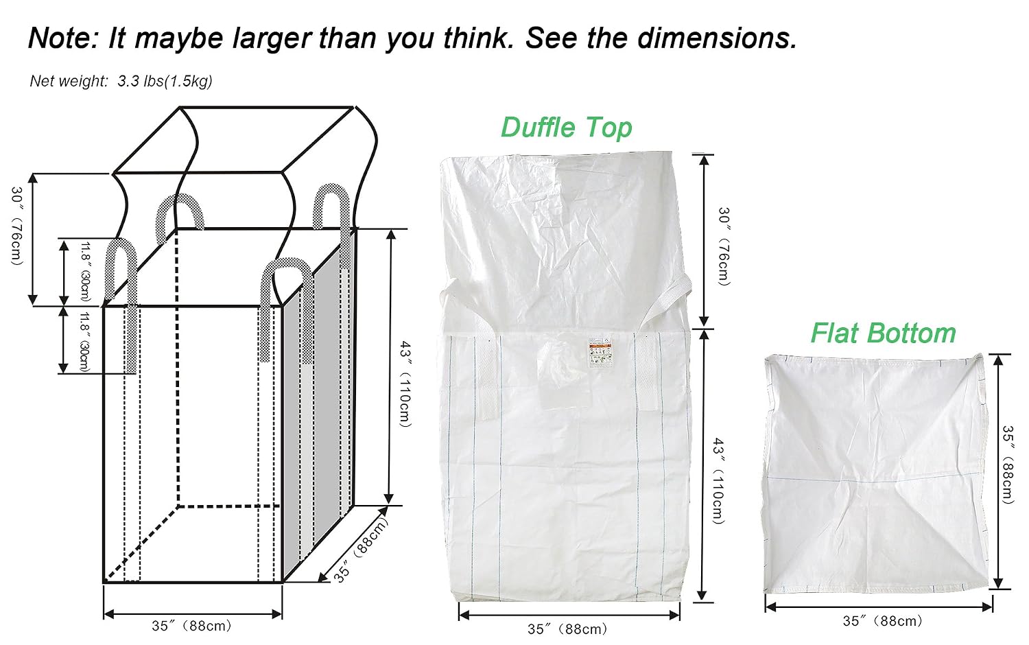 Secbolt FIBC Bulk Bag, 1 One Ton Bag, 35"L x 35"W x 43"H, 2200lbs SWL, Duffle Top Flat Bottom, Woven Polypropylene Bags
