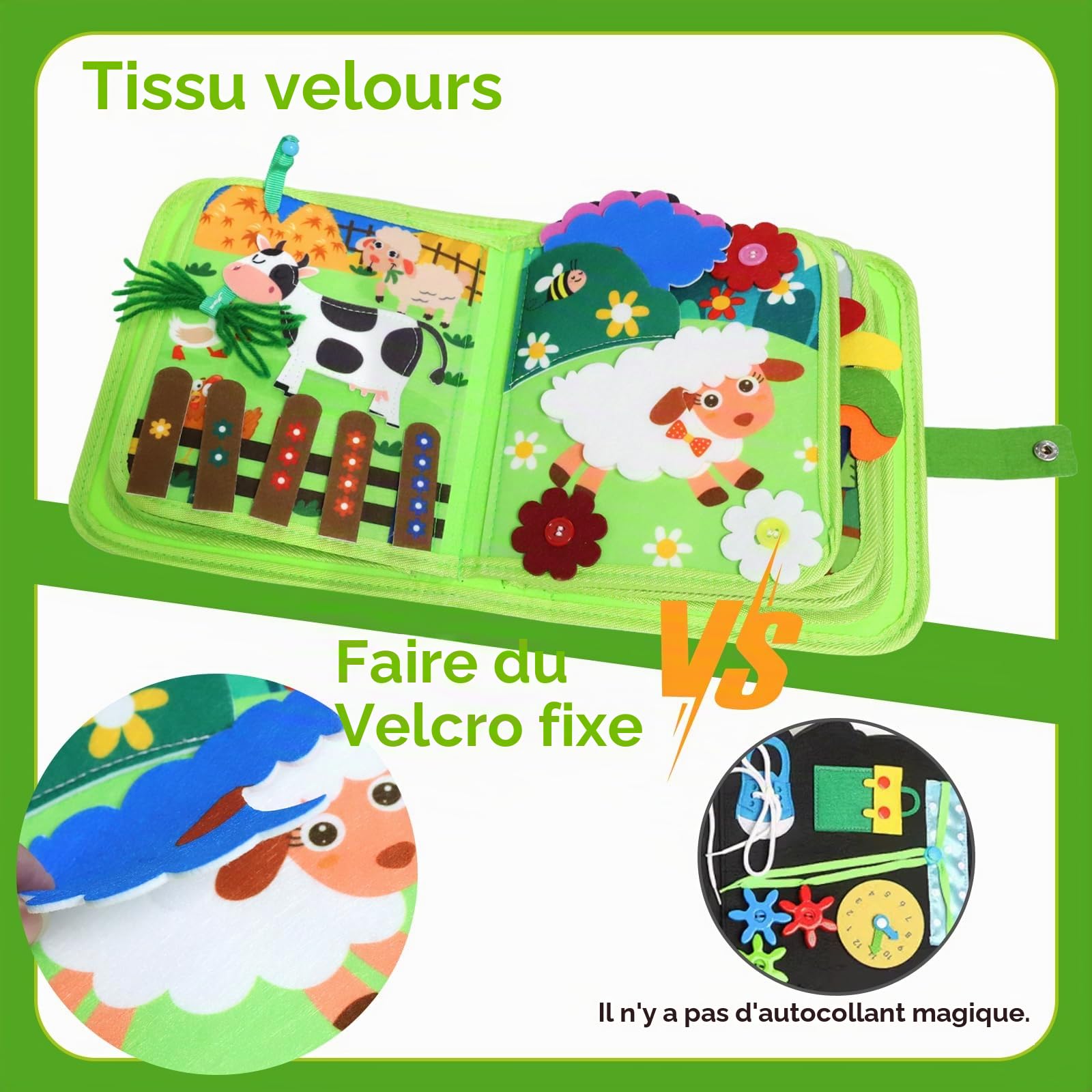 Tableau Montessori Enfants 1-3 Ans - Livre Sensoriel avec 10+ Activités Éducatives, Jouet de Voyage Portable