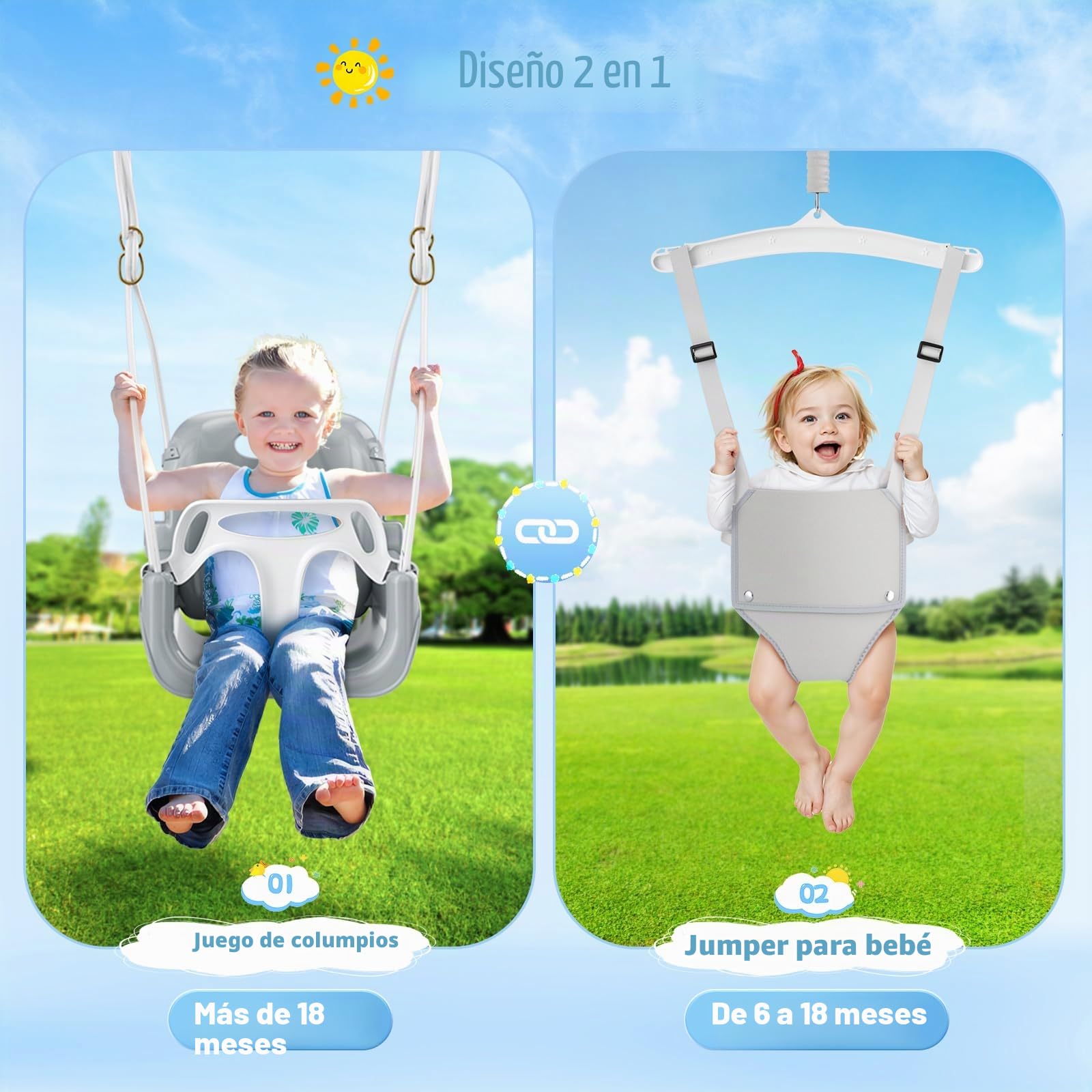 Baby Swing con el Marco 2 en 1, el Columpio para niños con un Soporte de Metal, el cinturón de Seguridad, Sentado para Interiores y al Aire Libre (Blanco)